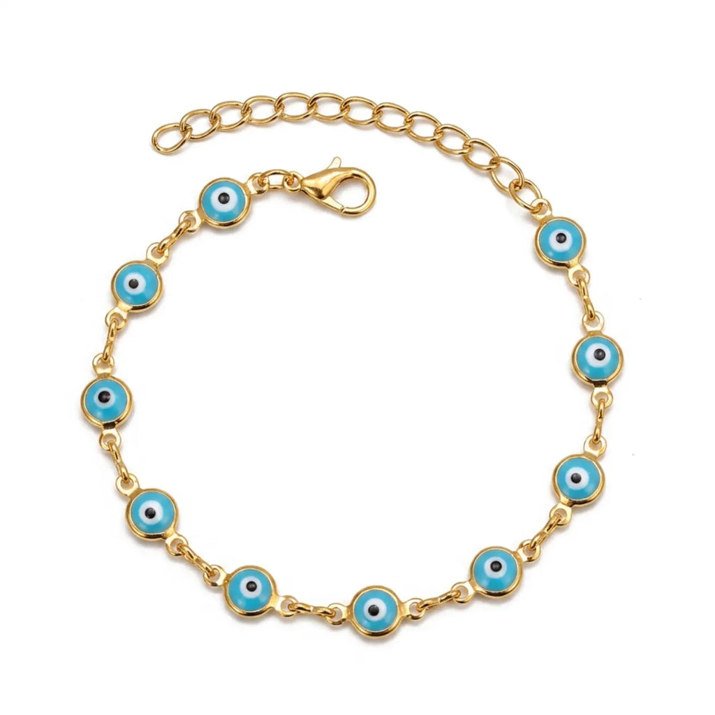 Pulseira Olho Grego Dourada Azul-Claro