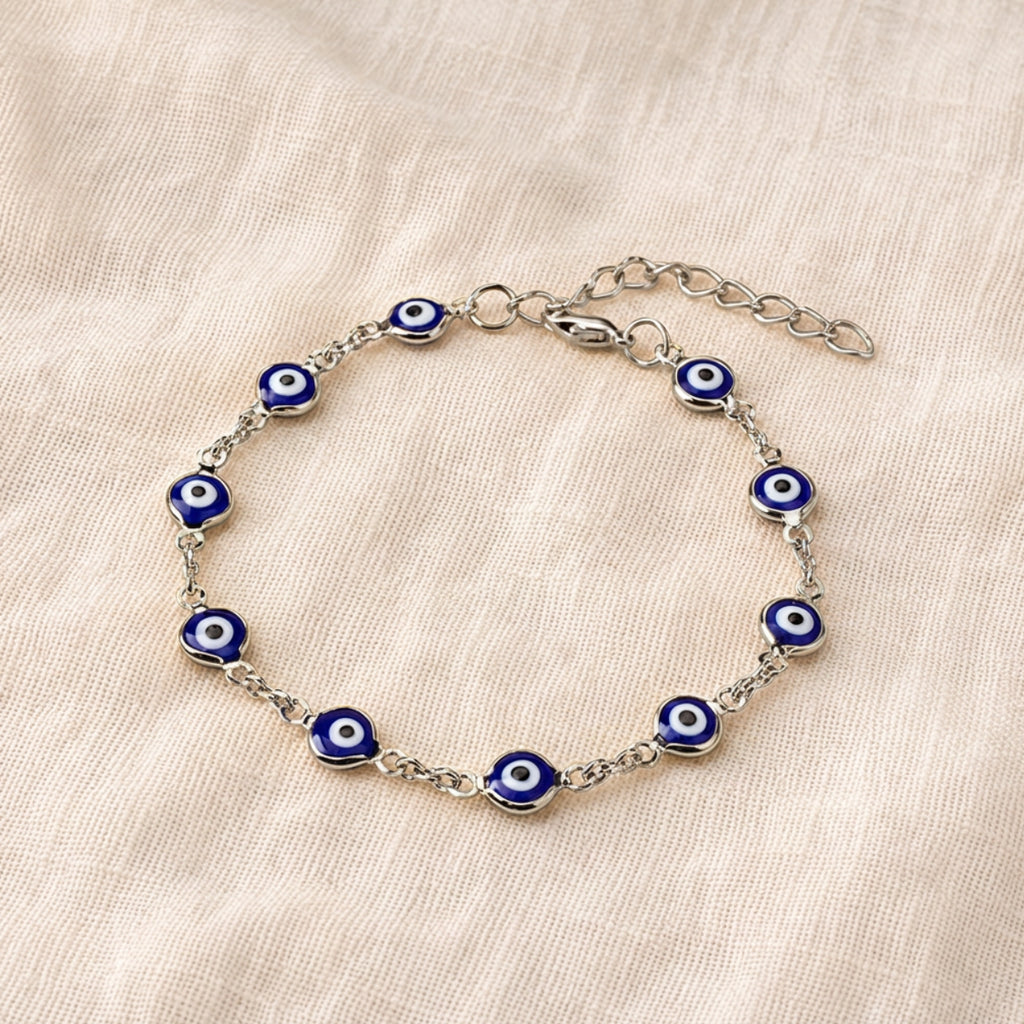 Pulseira Olho Grego Prateada Azul-Escuro