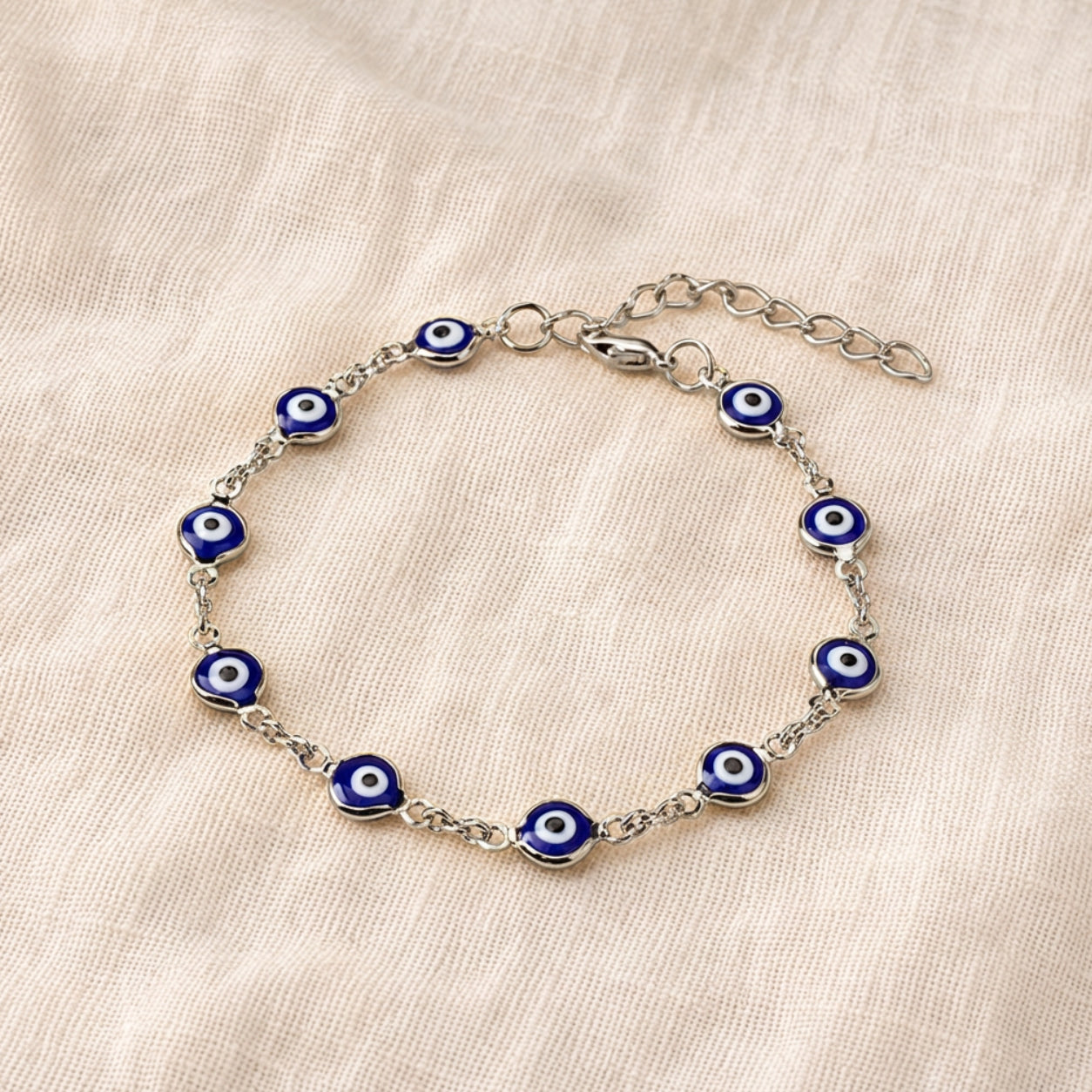 Pulseira Olho Grego Prateada Azul-Escuro
