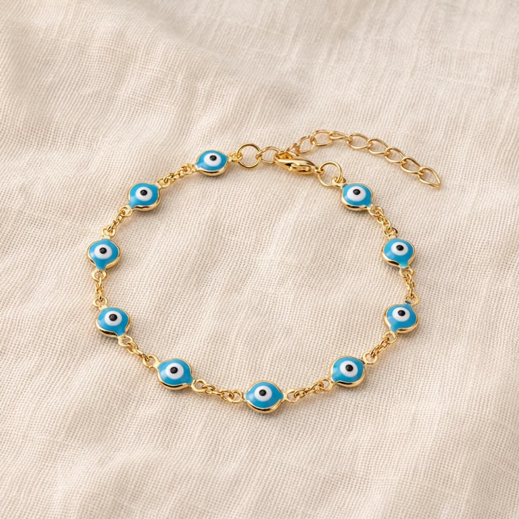 Pulseira Olho Grego Dourada Azul-Claro