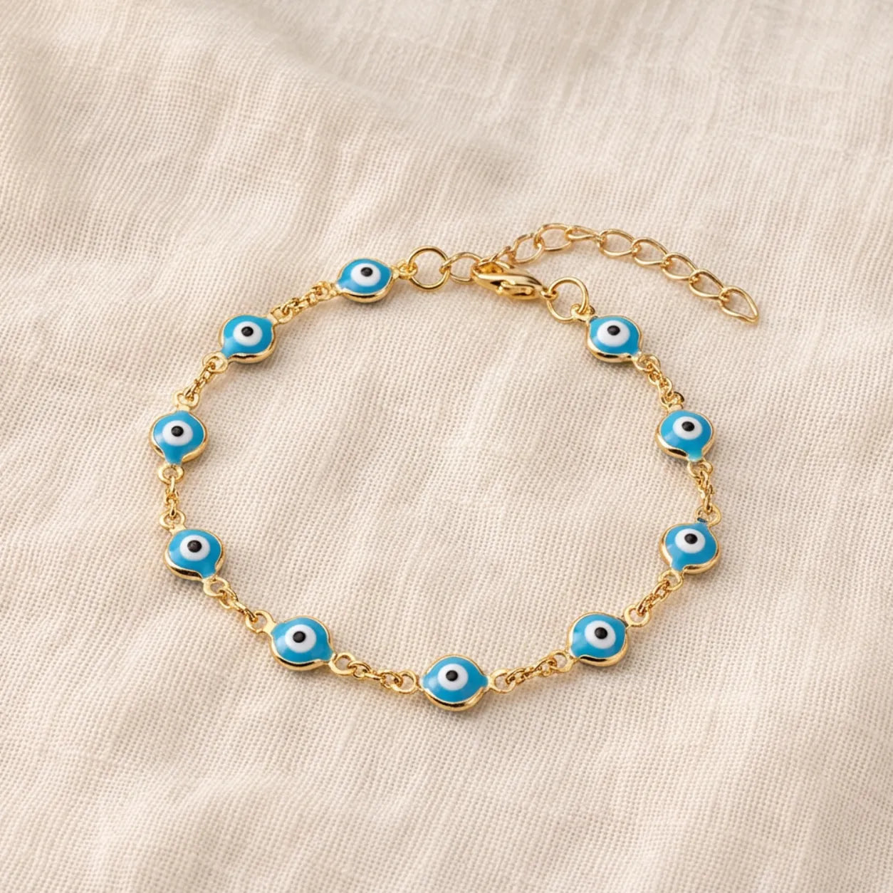 Pulseira Olho Grego Dourada Azul-Claro
