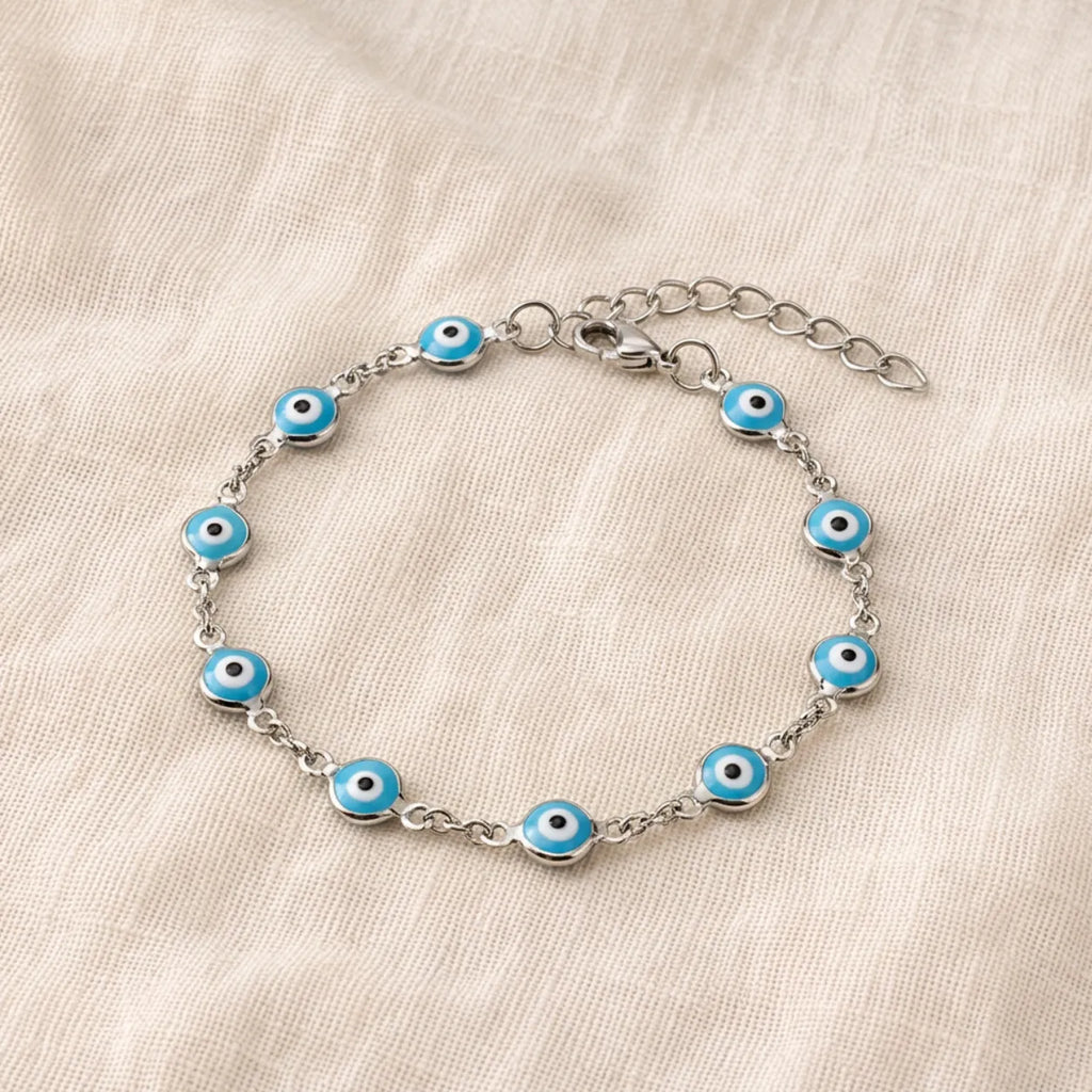 Pulseira Olho Grego Prateada Azul-Claro