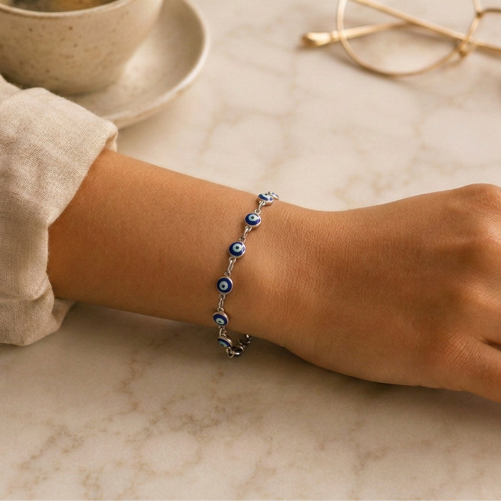 Pulseira Olho Grego Prateada Azul-Escuro