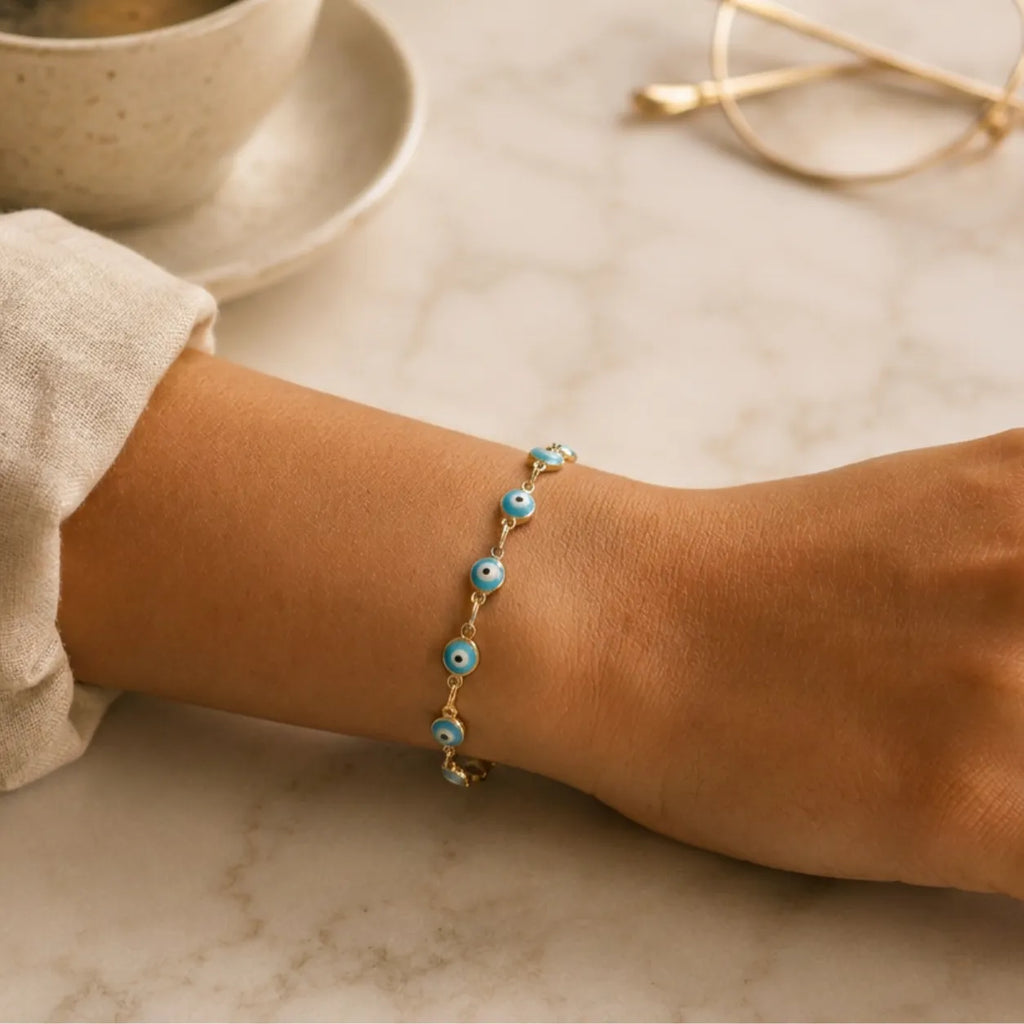 Pulseira Olho Grego Prateada Azul-Claro