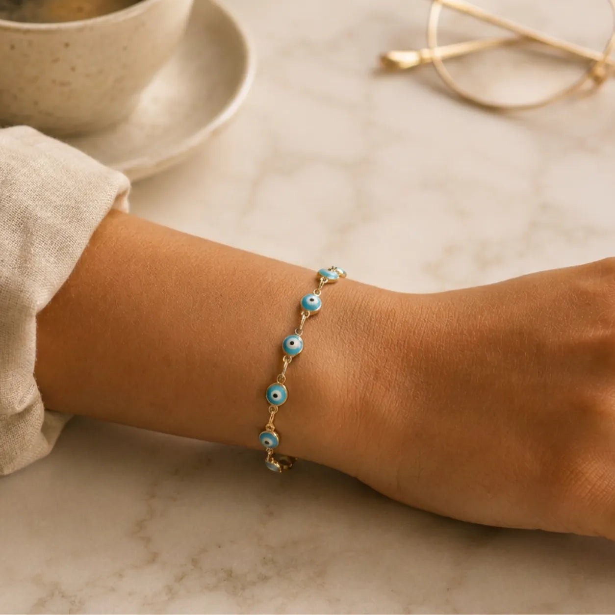 Pulseira Olho Grego Prateada Azul-Claro