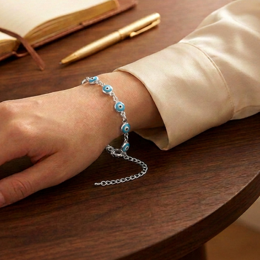 Pulseira Olho Grego Prateada Azul-Escuro