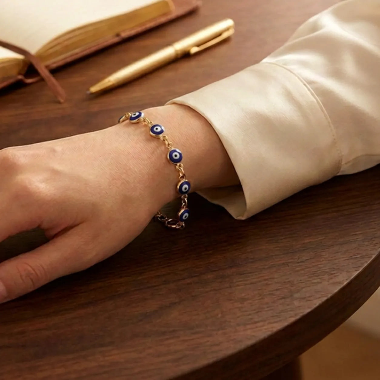 Pulseira Olho Grego Dourada Azul-Escuro