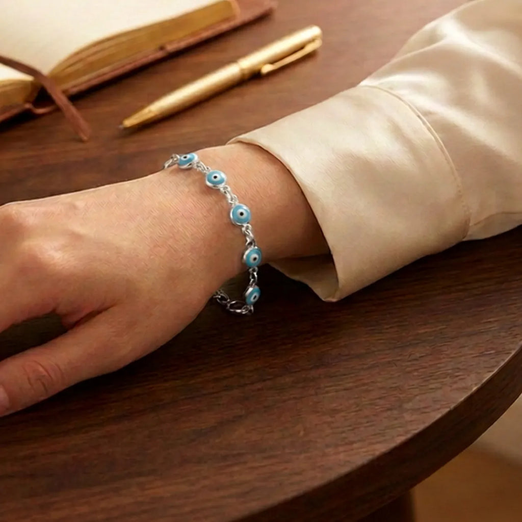 Pulseira Olho Grego Prateada Azul-Claro