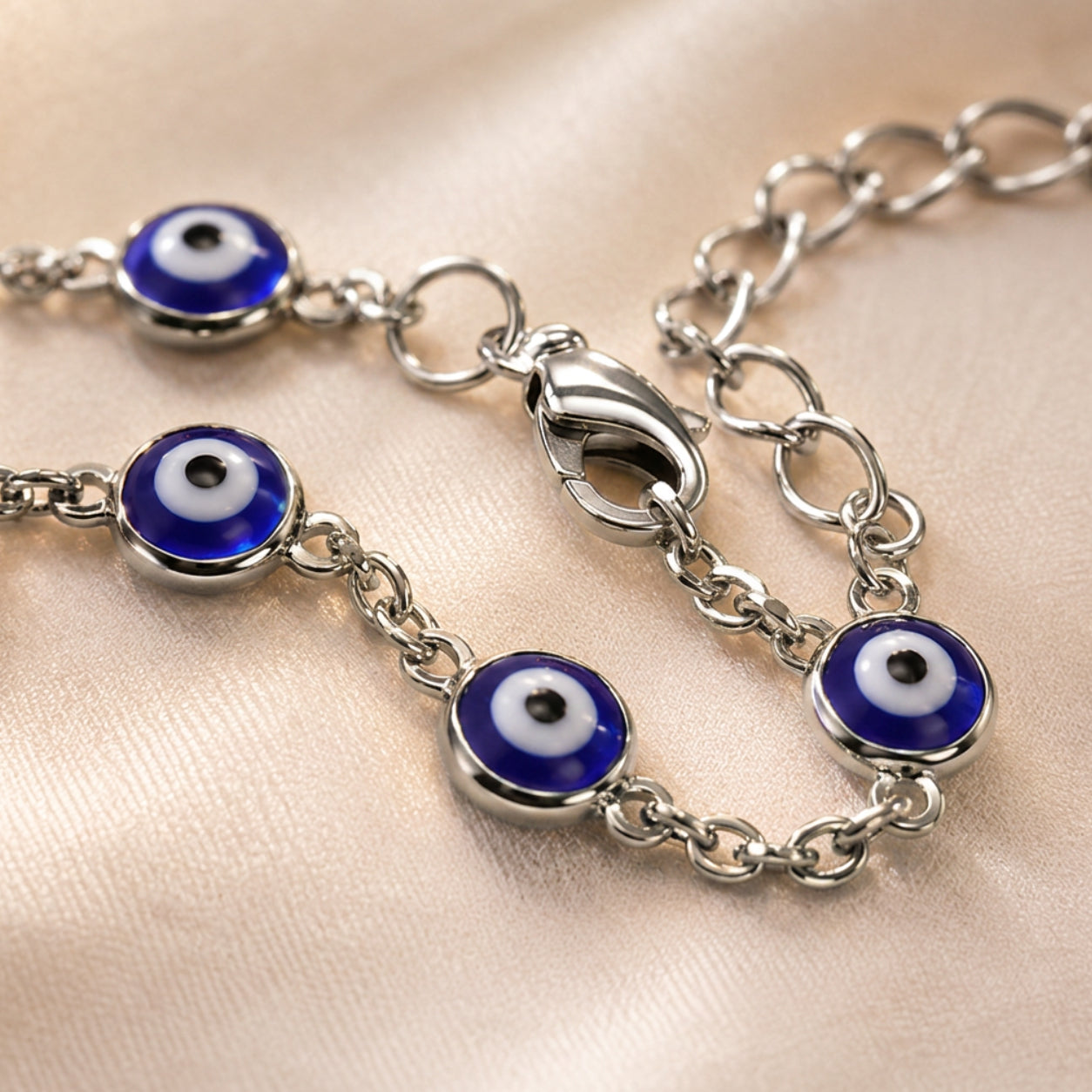 Pulseira Olho Grego Prateada Azul-Escuro