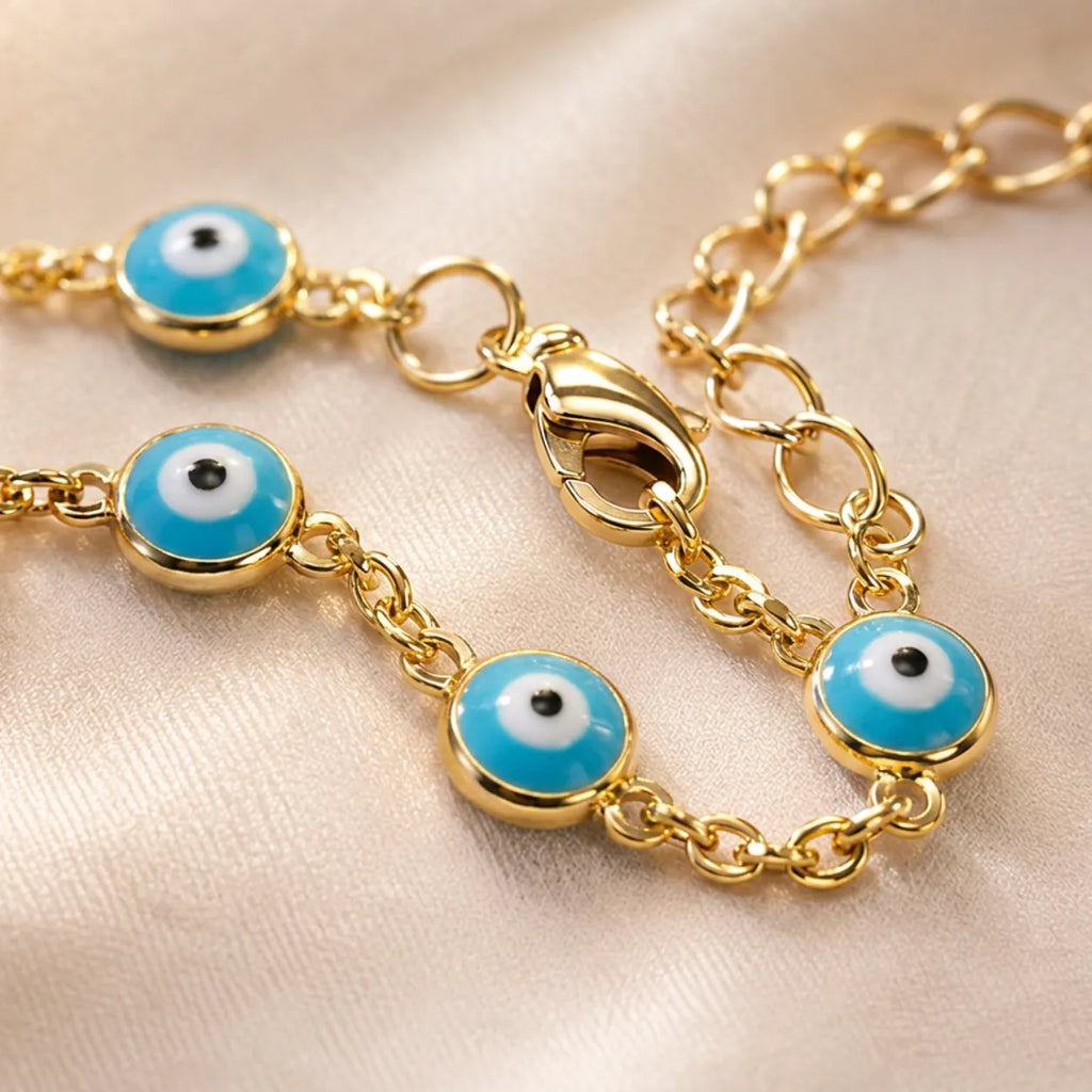 Pulseira Olho Grego Dourada Azul-Claro