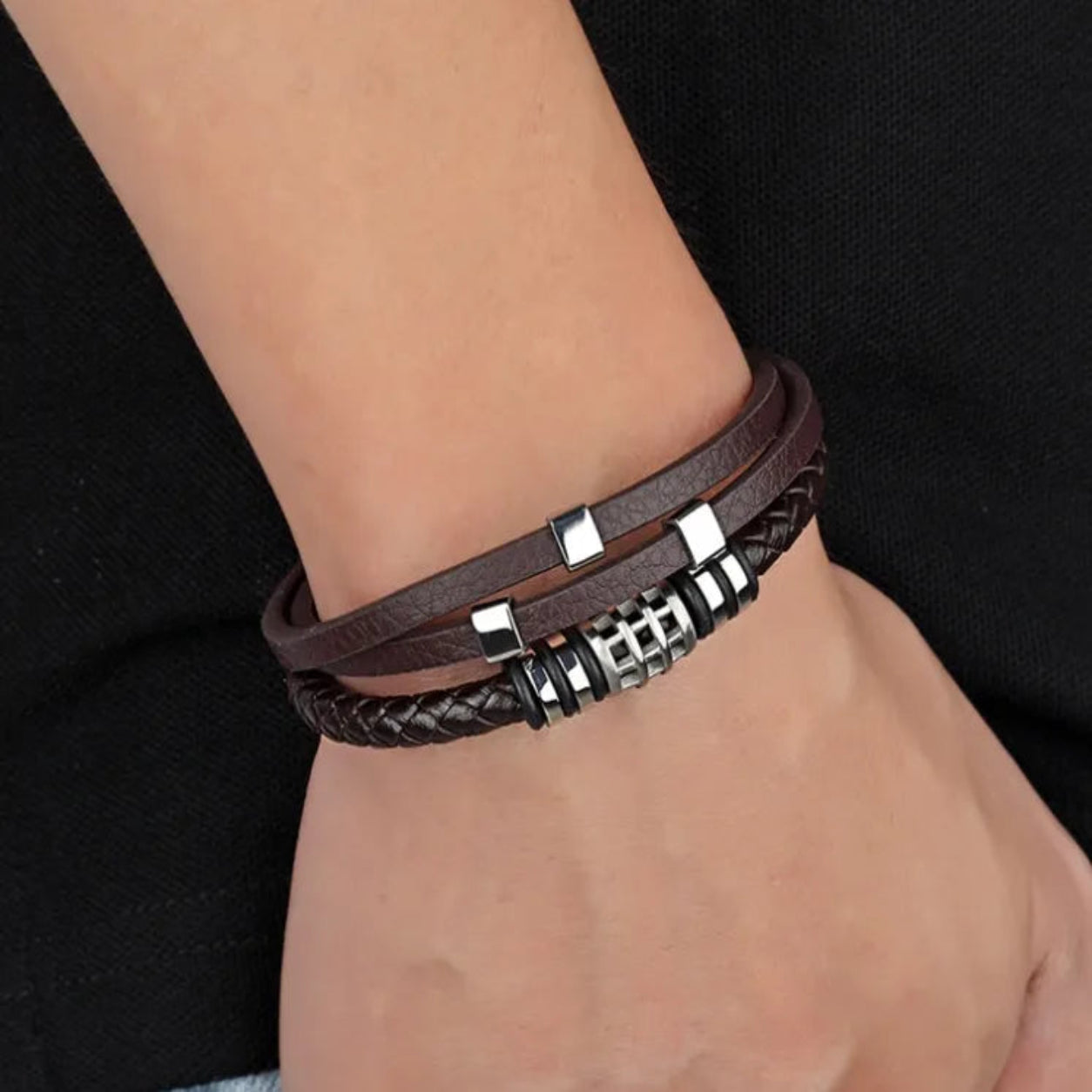 Pulseira Couro Genuíno Multicamadas Marrom