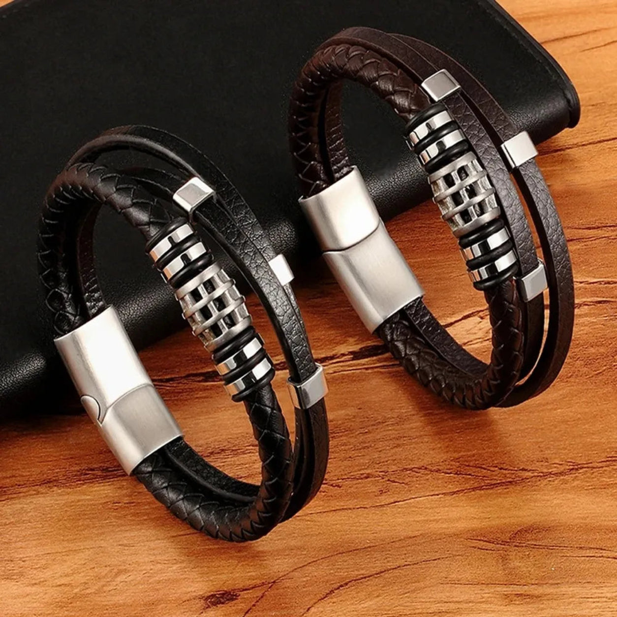 Pulseira Couro Genuíno Multicamadas Marrom