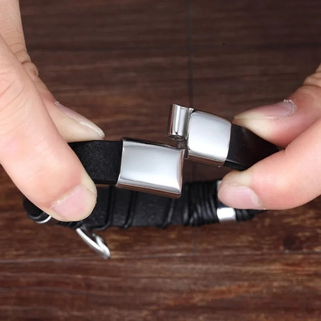Pulseira Couro Genuíno Multicamadas Preta